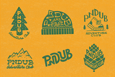 PNDUB Adventure Club Illustrations & Lettering adventure beanie boot branding green hand drawn hiking illustration lettering lockup mountains nature outdoors tree typography yellow