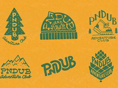 PNDUB Adventure Club Illustrations & Lettering adventure beanie boot branding green hand drawn hiking illustration lettering lockup mountains nature outdoors tree typography yellow