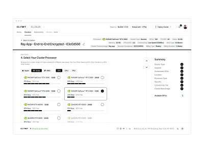 GPU Cluster Processor - DePin admin ai artificial intelligence b2b blockchain cluser dashboard depin developer enterprise minimal onboarding product design saas software ui ux vercel web app wizard