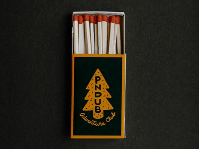 Tree Illustration & Lettering Matchbook for PNDUB Adventure Club adventure branding camping club green hand drawn hiking illustration lettering matchbook mockup nature outdoors rrdc tree typography yellow