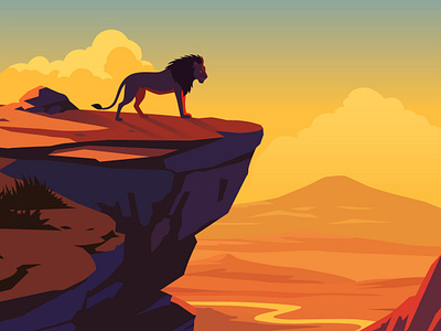 Lonely Lion animal illustration landscape lion lonely mountain sky sunset