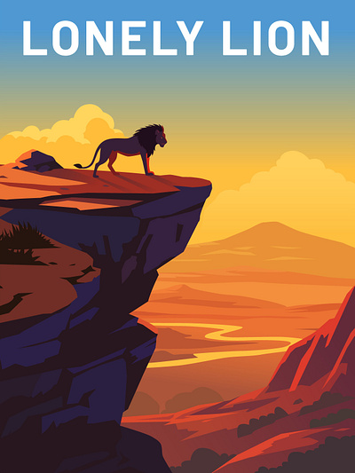 Lonely Lion animal illustration landscape lion lonely mountain sky sunset