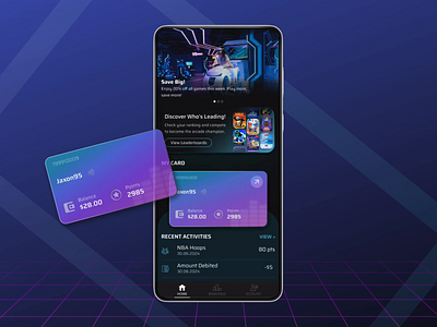 Arcade App - Home screen app arcade arcade app card carousel carousel ui dark theme games graphic design home screen homescreen management mobile app motion graphics ui ux