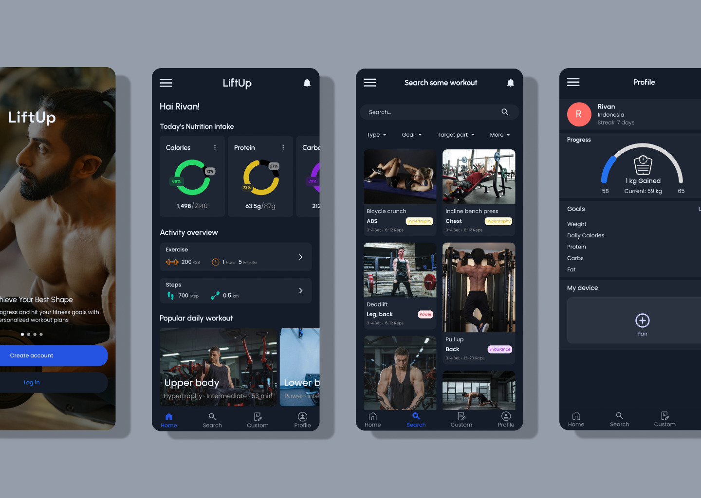 Fitness Mobile App blue dark mode figma fitness gym health metrics mobile app ui workout