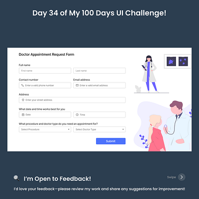 Day 34/100 - Medical App Appointment Form appointment scheduling clean ui design inspiration digital healthcare figma design form usability healthcare app healthcare ui interaction design medical app medical appointment form minimalist design patient experience responsive design telehealth design ui design user centered design user flow user friendly form ux design