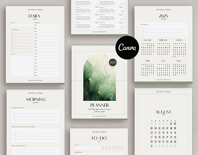 2025 Canva Planner, 2025 Monthly Calendar template, Green theme food tracker