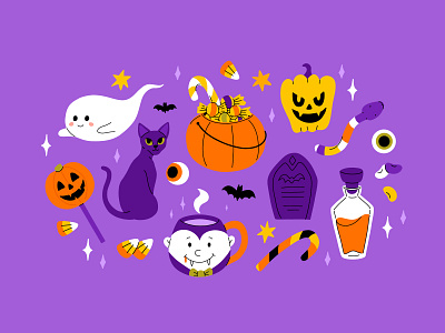 Halloween set 5 cartoon cat character concept cute design flat ghost halloween illustration simple spooky vector