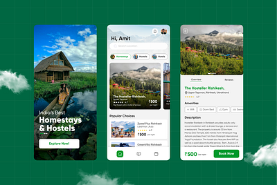 Hostels/Homestays App Screens app design booking design figma graphic design green homestay hostel mobile modern app motion graphics online product design travel ui user interface