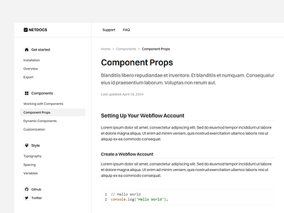 NetDocs - Documentation Template documentation minimalist documentation sidebar web design webflow template