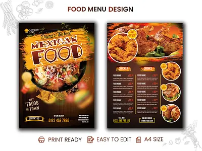 Mexican Food menu double page template design. chicken fry colorful fast food menu food delivery food flyer food shop food website menu templet spicy menu