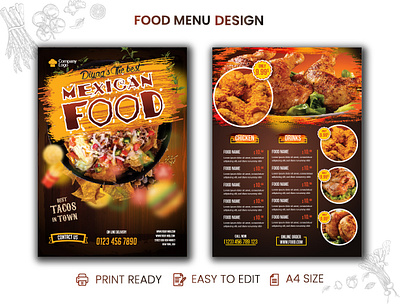 Mexican Food menu double page template design. chicken fry colorful fast food menu food delivery food flyer food shop food website menu templet spicy menu