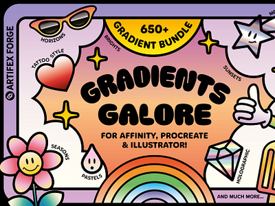 Gradients Galore - For Affinity Procreate & Illustrator adobe illustrator affinity affinity designer affinity photo diamond flower gradient gradients graphic design illustrator lolly procreate rainbow star sunglasses thumbs up