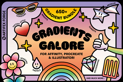 Gradients Galore - For Affinity Procreate & Illustrator adobe illustrator affinity affinity designer affinity photo diamond flower gradient gradients graphic design illustrator lolly procreate rainbow star sunglasses thumbs up