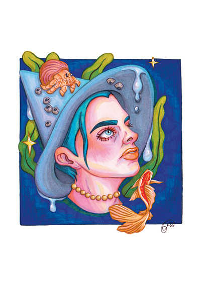 Water Witch alcohol markers animals blue crab creatures drawing fantasy fineliner fish gel pen halloween illustration koi fish metallic ink mixed media ocean plants portrait sea wildlife