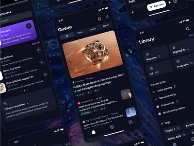 Homescreen & Library designs for Upnext article organising article reading content reader homescreen library mobile app news app pocket app queue screen read it later ui upnext app