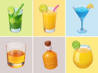 Various Drinks Icon Collection 3d cartoon cute design drinks icon illustration juice lemon martini mojito orange pastel rendering soda wine