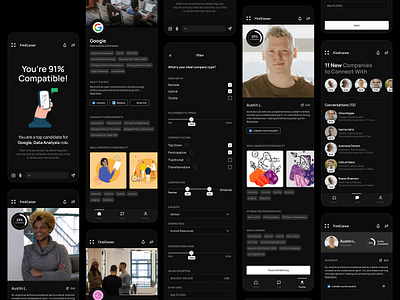 Find Career | UI UX Design | Dark Theme app career finder carrer clean design dark job dark mode dark theme design job finder job search jobs finder minimal