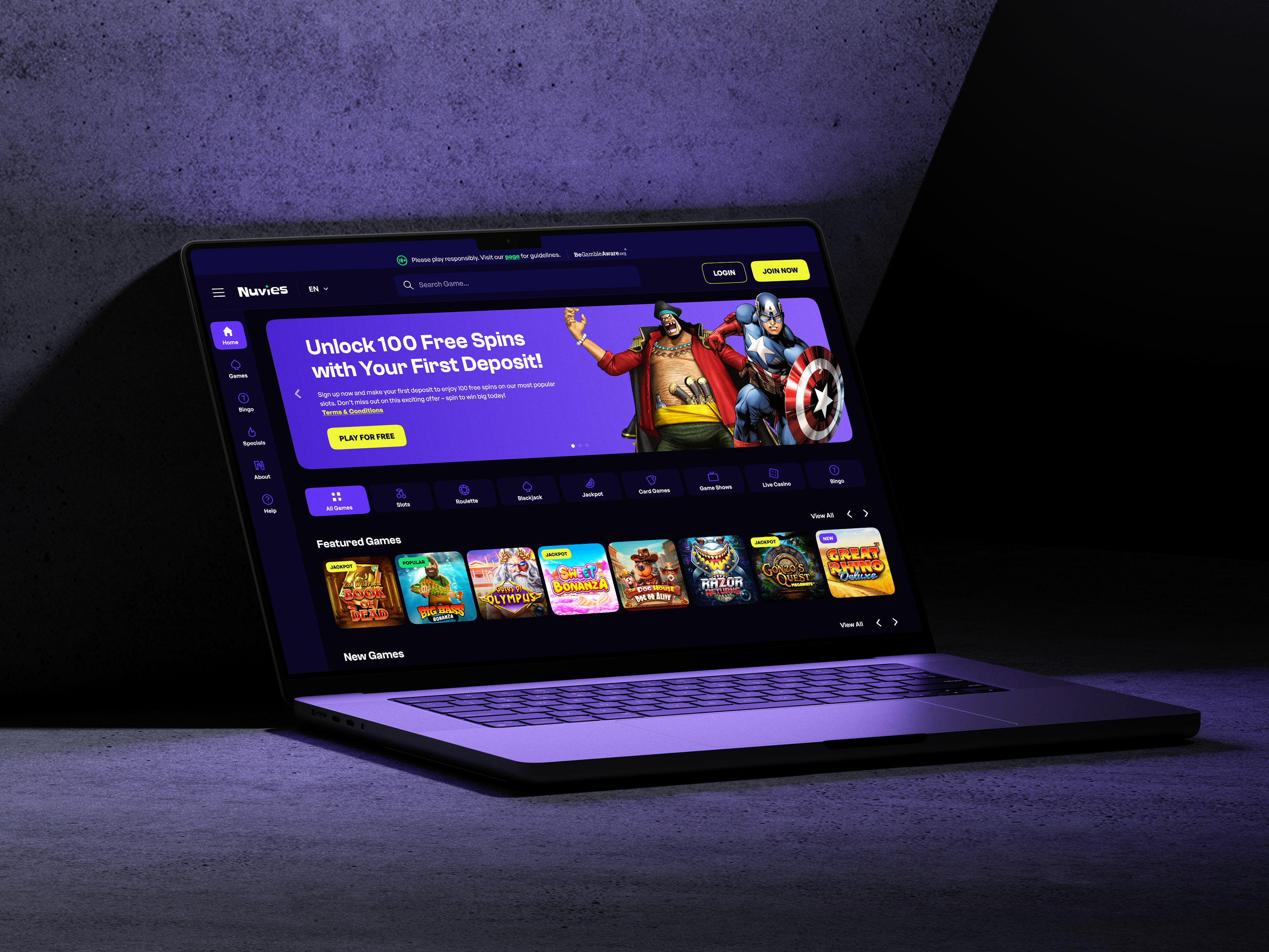 Nuvies: Online Casino Concept bingo blackjack casino dark mode figma gamble game gaming human interface guidelines material design pc play poker responsive roulette slot ui ux web design website