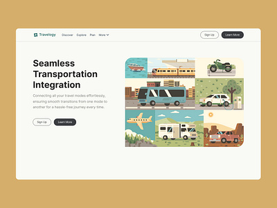 Travelogy Hero Section Design boat bus car flat forest hero icon illustration motor nature plane sand transportation ui ux van vehicle website