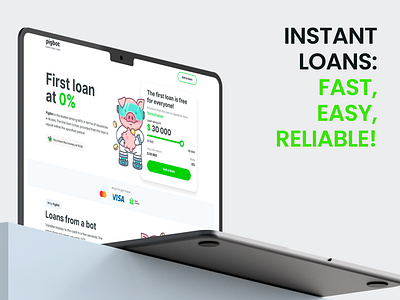 First screen of the microfinance platform website | PigBot finance finance interface fintech first screen hero section interface interface design loan loan bot loan platform microloan pig piggy product product design ui ux uxui web web design