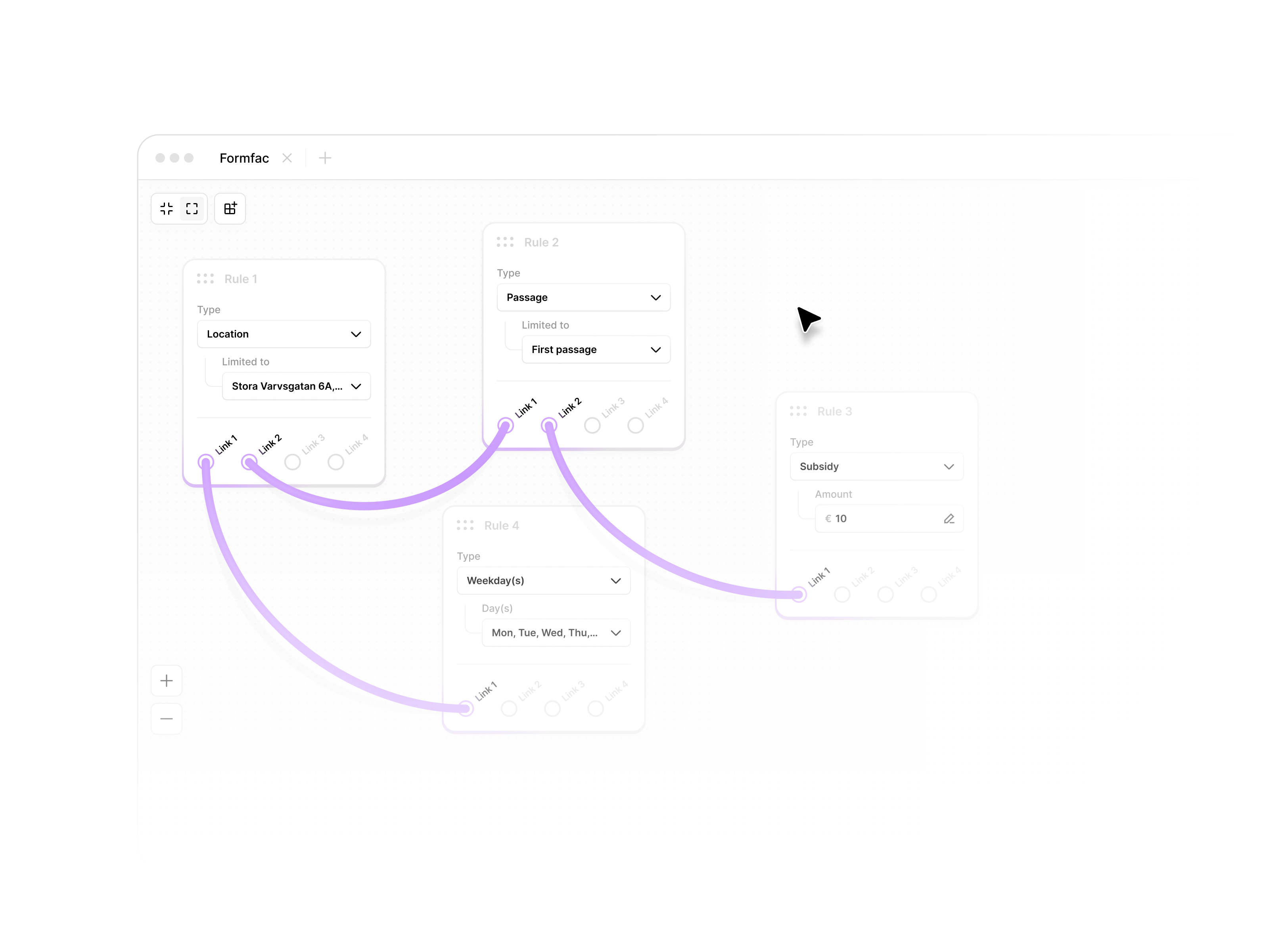 Rule engine software admin administration connection desktop engine formfac infinite canvas links product design program purple rule rule engine software ui