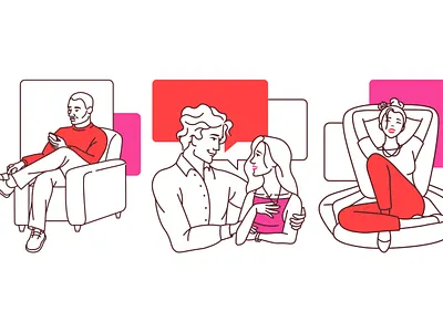 Illustrations for a dating app app design branding couple dating app graphic design illustration line art love man on a chair modern red and pink relationship vector youthful