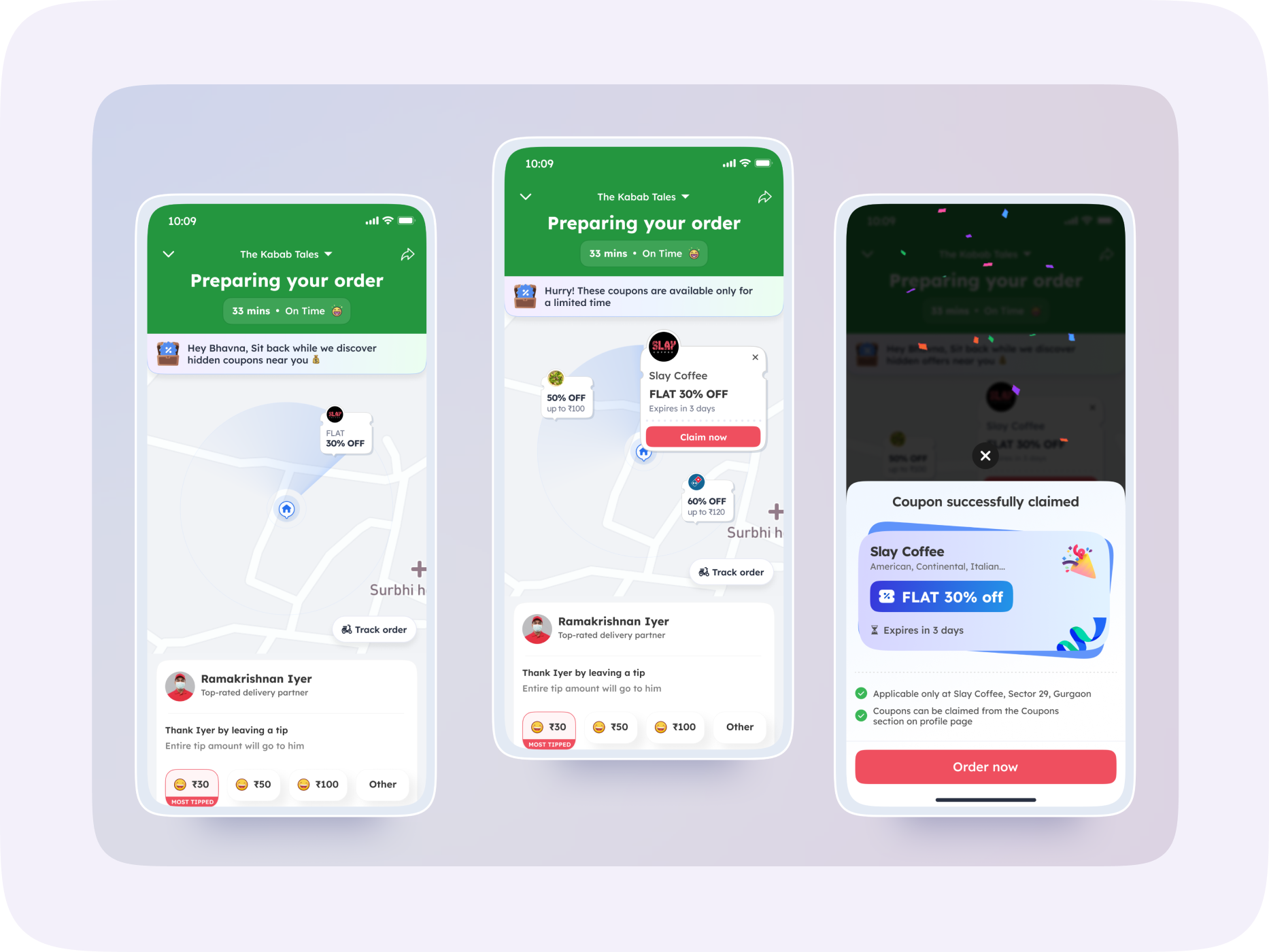 Introducing coupon driven order growth animation branding cart dashboad design google maps home page pattern illustration interaction motion graphics order order tracking ui website zomato