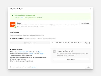 Integrations · Zapier · Integrate with Zapier Modal avatars badges branding clean countercyclical design enterprise finance green icons integrations logo minimal modal orange ui zapier
