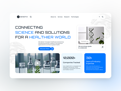 Website for a biotech company Genetix ai biotech blue clean color company design figma innovation medicine minimalism portfolio responsive typography ui ui ux ux web webdesign white