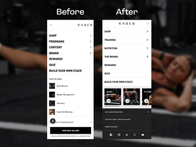 Redesigned Mobile Navigation ✦ Kaged branding design design agency ecommerce mobile design mobile menu mobile navigation redesign shopify agency shopify design shopify development ui