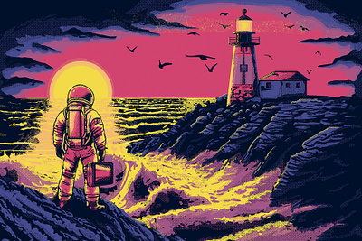 Lost Lighthouse astronaut design grunge halftone illustraion illustration lighthouse lost sol space