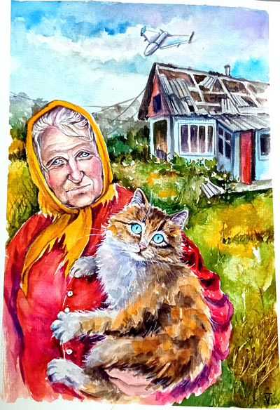 Original Ukrainian painting, Cat, People, Drone and War in Ukrai art cat granny hand painted handmade illustration paint painting ukraine war