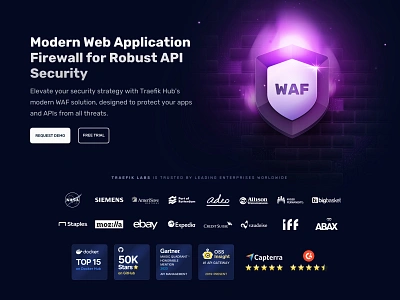 Traefik's WAF Solution Page api application dark firewall flames illustration landing marketing purple security shield traefik waf wall web