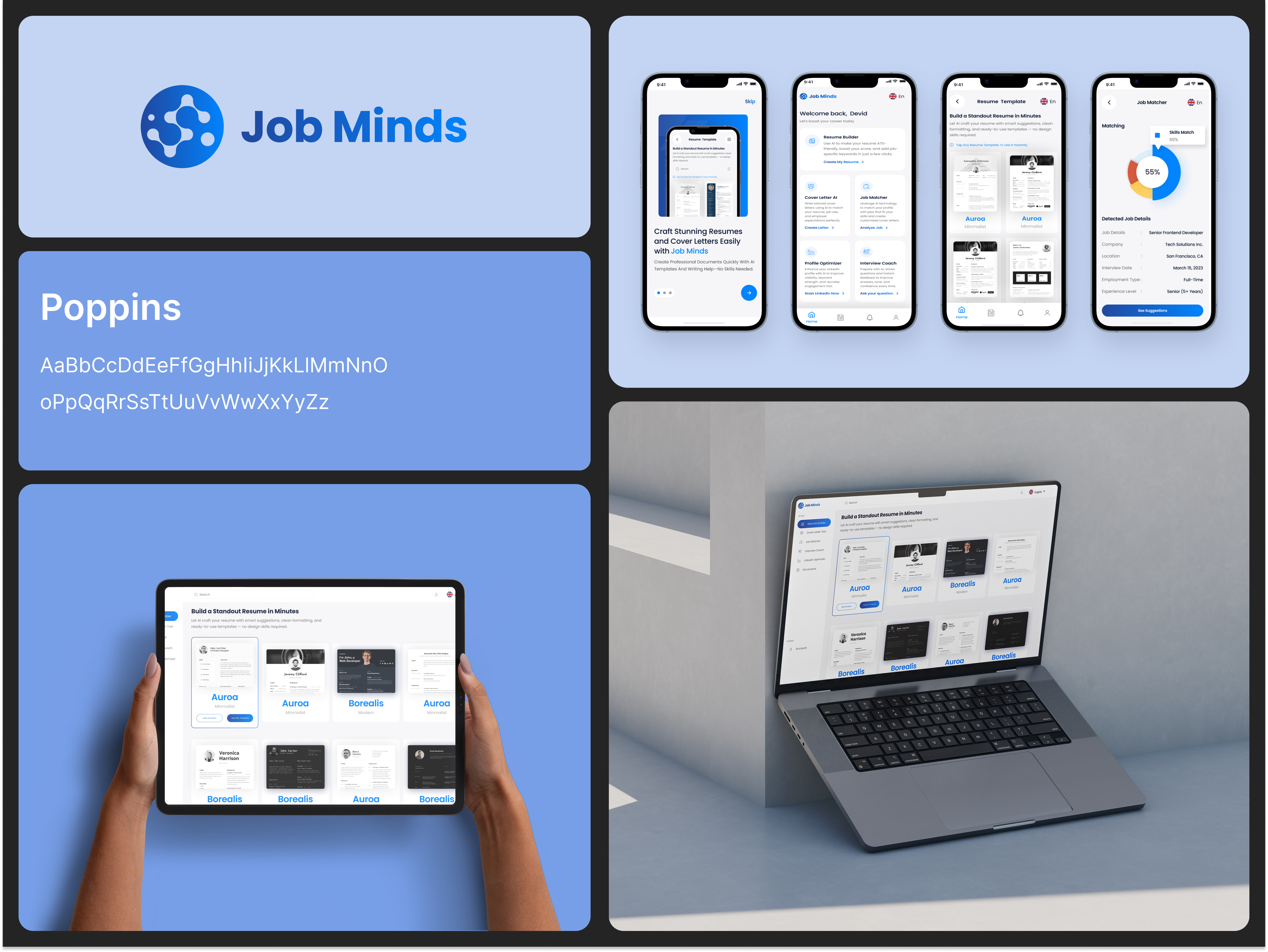 Job Minds—Cross-Platform AI Career Assistant aicareerassistant careerappui careerplatform cleanux crossplatformapp crossplatformdesign designforai jobportaldesign jobsearchui moderndashboard nextgenux smartjobassistant ui webandappdesign