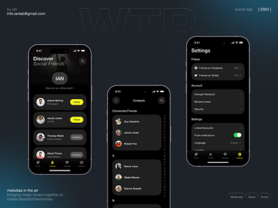 Social UI chat contact dark design friend mobile settings social system ui ux