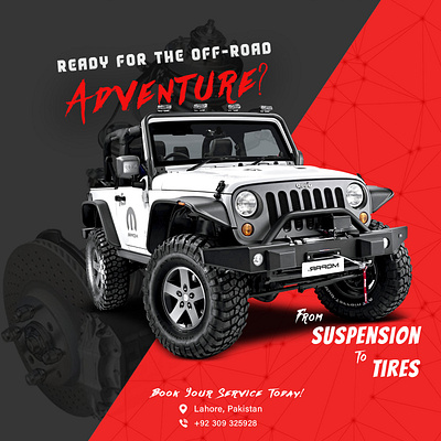 Off-Road Adventure – Suspension & Tire Services Promotion Poster autorepair carrepair carservice graphicdesign jeep lahorepakistan offroadadventure suspensionservices tireservices vehiclemaintenance