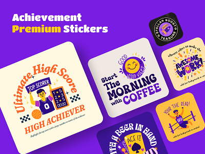 Achievement Premium Stickers achievement award branding cartoon champion character design emoji flat medal motivation poster reward smile sticker sticker pack success vector victory winner