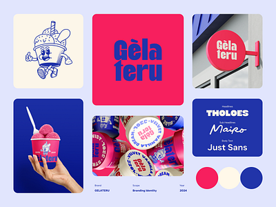 Gelateru - Gelato Brand Identity blue bold brand brand identity branding bright cafe character dessert food gelato ice cream illustration mascot minimalism pink retro shop sweets vibrant