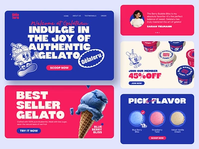 Gelato Brand Landing Page UI Concept blue bright cafe dessert eccomerce food gelato ice cream illustration landing page mascot playful retro shop sweets ui vibrant web web design