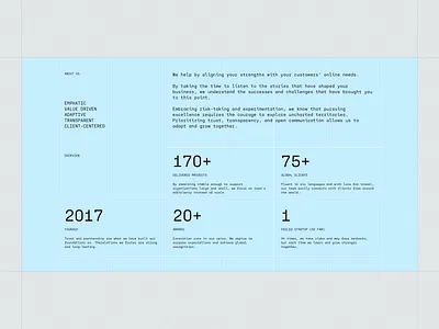 Artifact — About & Overview about agency awards creative design desktop digital grid layout overview product design projects section statistics stats tiles ui ux web website