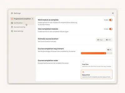 Course Settings for a Course Authoring Tool backend design design system frontend product design product development product discovery ui
