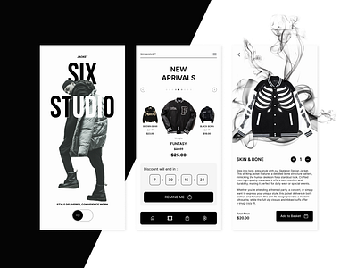 E-Commerce Jacket App 'My New Exploration 🙌' app black branding clean e commerce graphic design jacket logo market minimalist mobile monocrom studio ui ux white