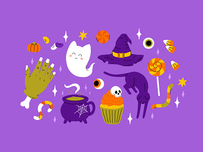 Halloween set 6 cartoon character clipart collection concept design flat halloween illustration sticker vector