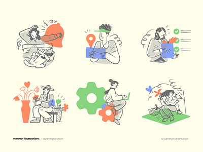 Hannah illustrations alarm branding daily activities flat flowers hand drawn icons landing page illustration minimal style navigation illustration outdoors outline overly color plants settings illustration shopping list illustration technical vector web illustration website illustrations