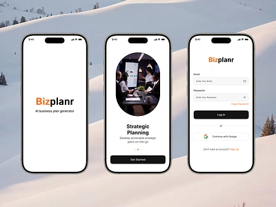 Bizplanr - Splash, Login and Onboarding Screen ai app ai screen app redesign business planner clean design login minimal onboarding product redesign signup screen splash screen ui uiux user interface ux