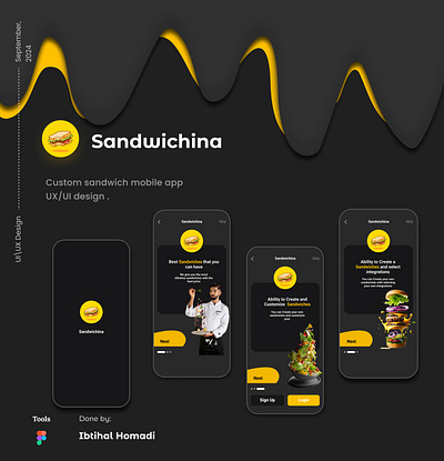 Onboarding/ splash Screens UX/UI Design beautiful black creative custom sandwich dark dark theme design graphic design ibtihal homadi mobile app onboarding screeens splash splash screens ui user experience user interface uxui yellow