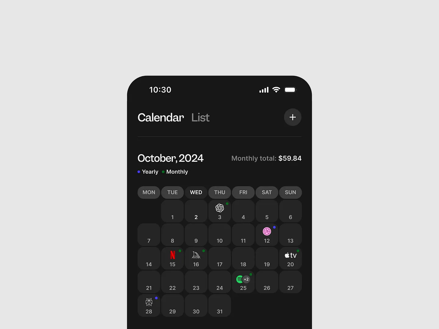 Sleek Calendar View Design for Subscription Tracking