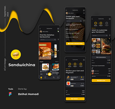 Custom Sandwich App UX/UI Design (Main Screens) beautiful creative custom sandwich dark dark theme design figma graphic design ibtihal homadi main mobile app screens ui ux uxui yellow yemen