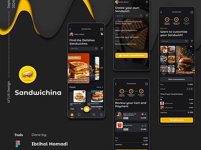 Custom Sandwich App UX/UI Design (Main Screens) beautiful creative custom sandwich dark dark theme design figma graphic design ibtihal homadi main mobile app screens ui ux uxui yellow yemen