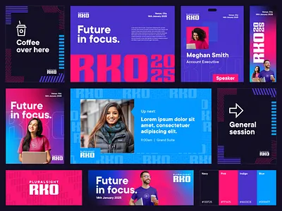 RKO Brand blue brand design branding color palette colours conference event event branding festival identity illustration indigo logo logo design pink pluralsight purple sales signage signs